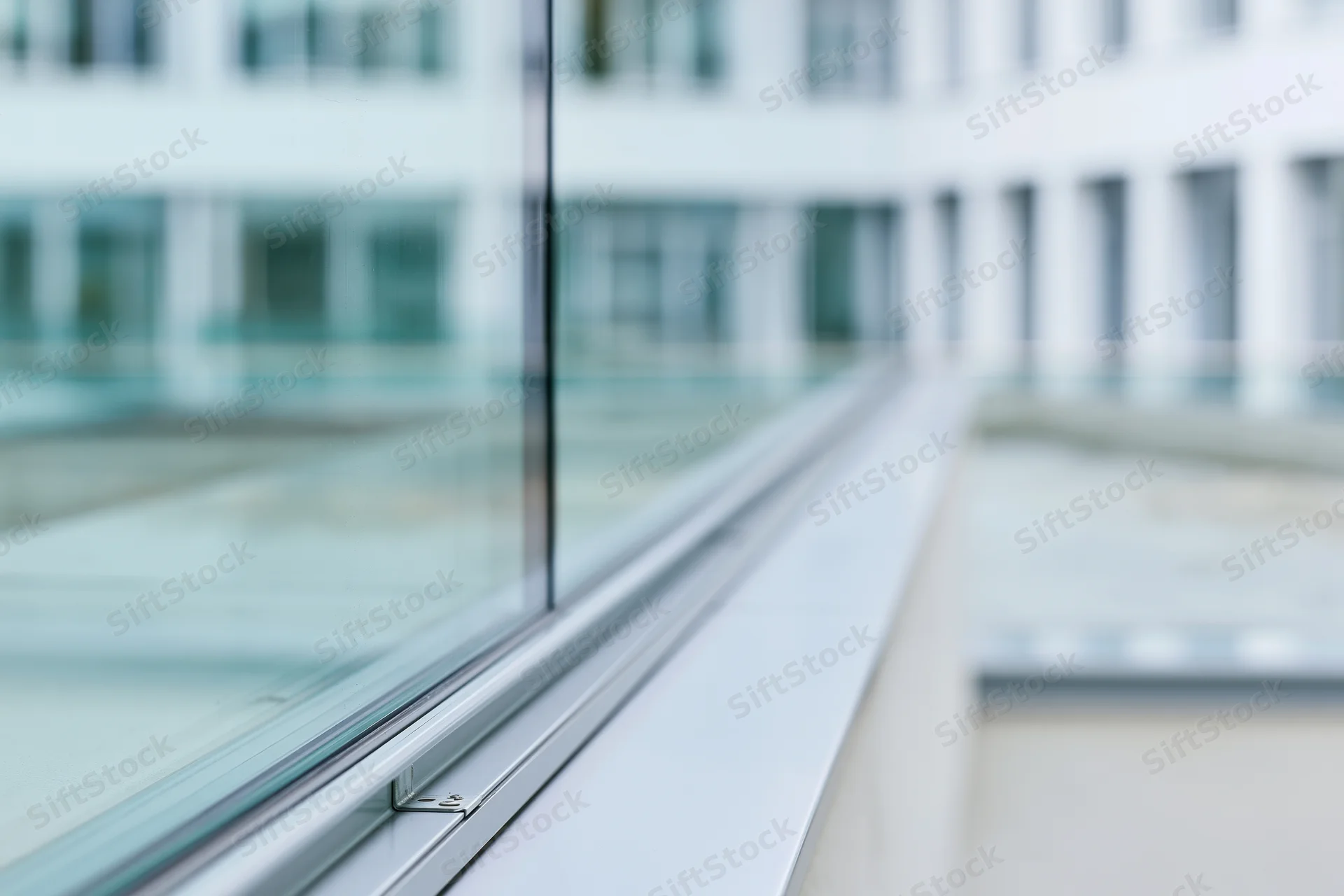Close-up of glass facade panel edge on modern office building exterior