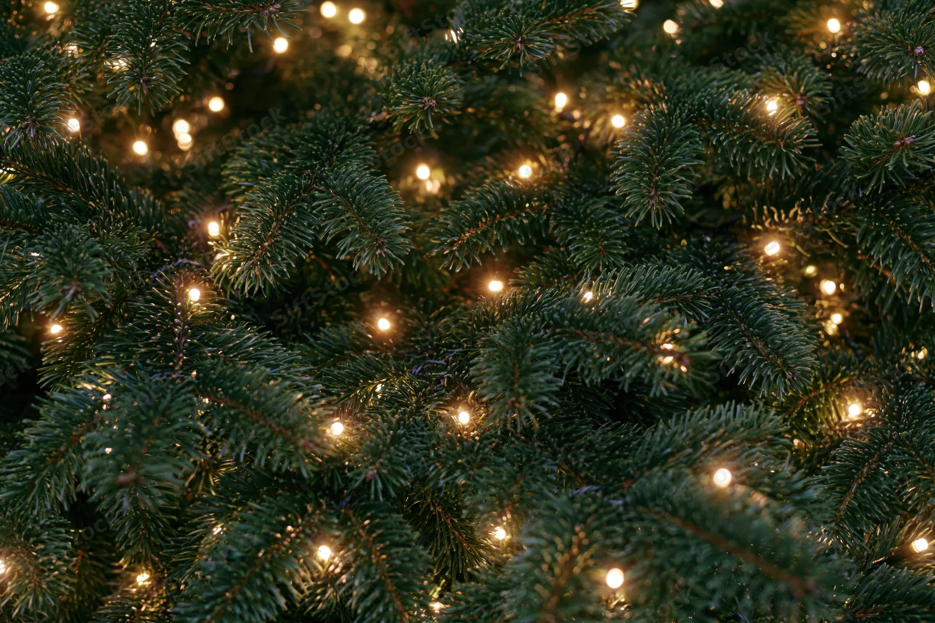 Dense evergreen christmas tree branches with warm glowing lights filling the frame