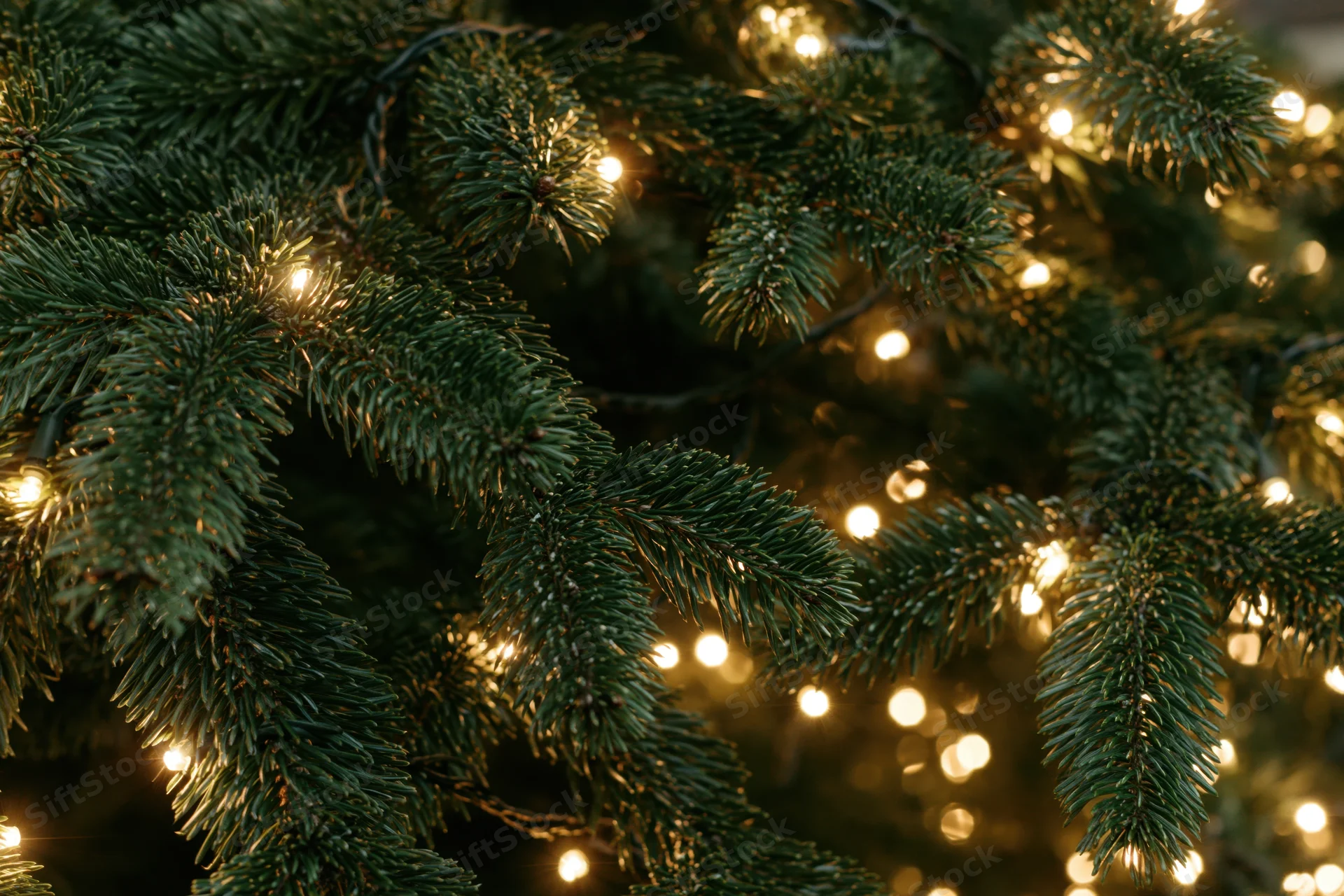 Close-up of dense evergreen christmas tree branches with warm glowing string lights filling the frame