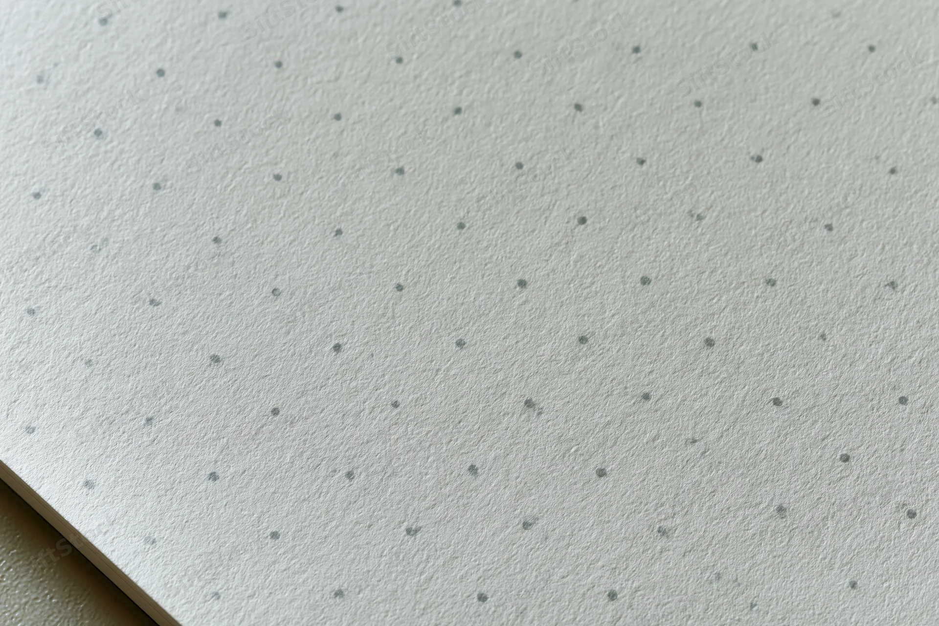 Close-up flat lay of a blank dot grid notebook page with textured white paper and evenly spaced dots