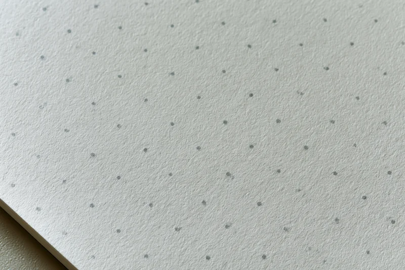 Close-up flat lay of a blank dot grid notebook page with textured white paper and evenly spaced dots