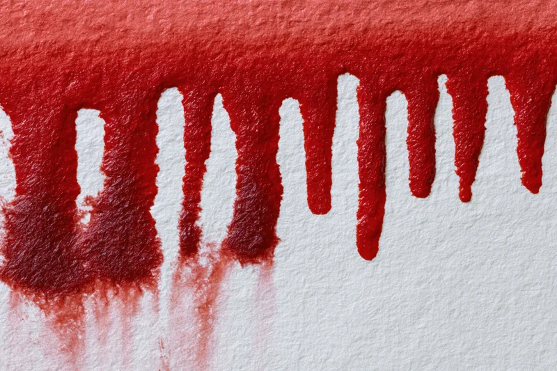 Red watercolor paint dripping down white textured paper in a flat lay close-up