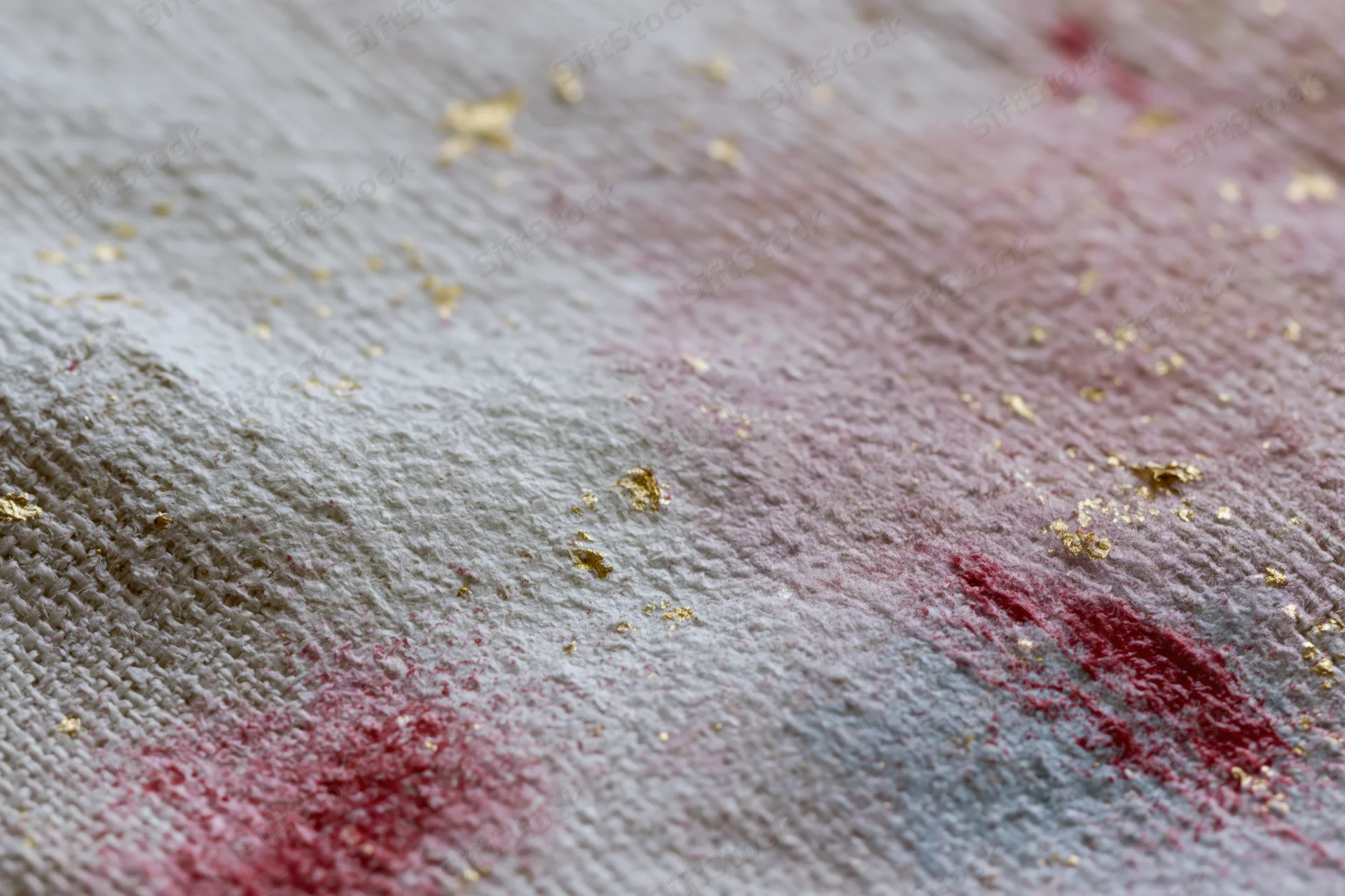 Close-up of linen canvas with layered abstract paint and gold pigment in red and gold tones