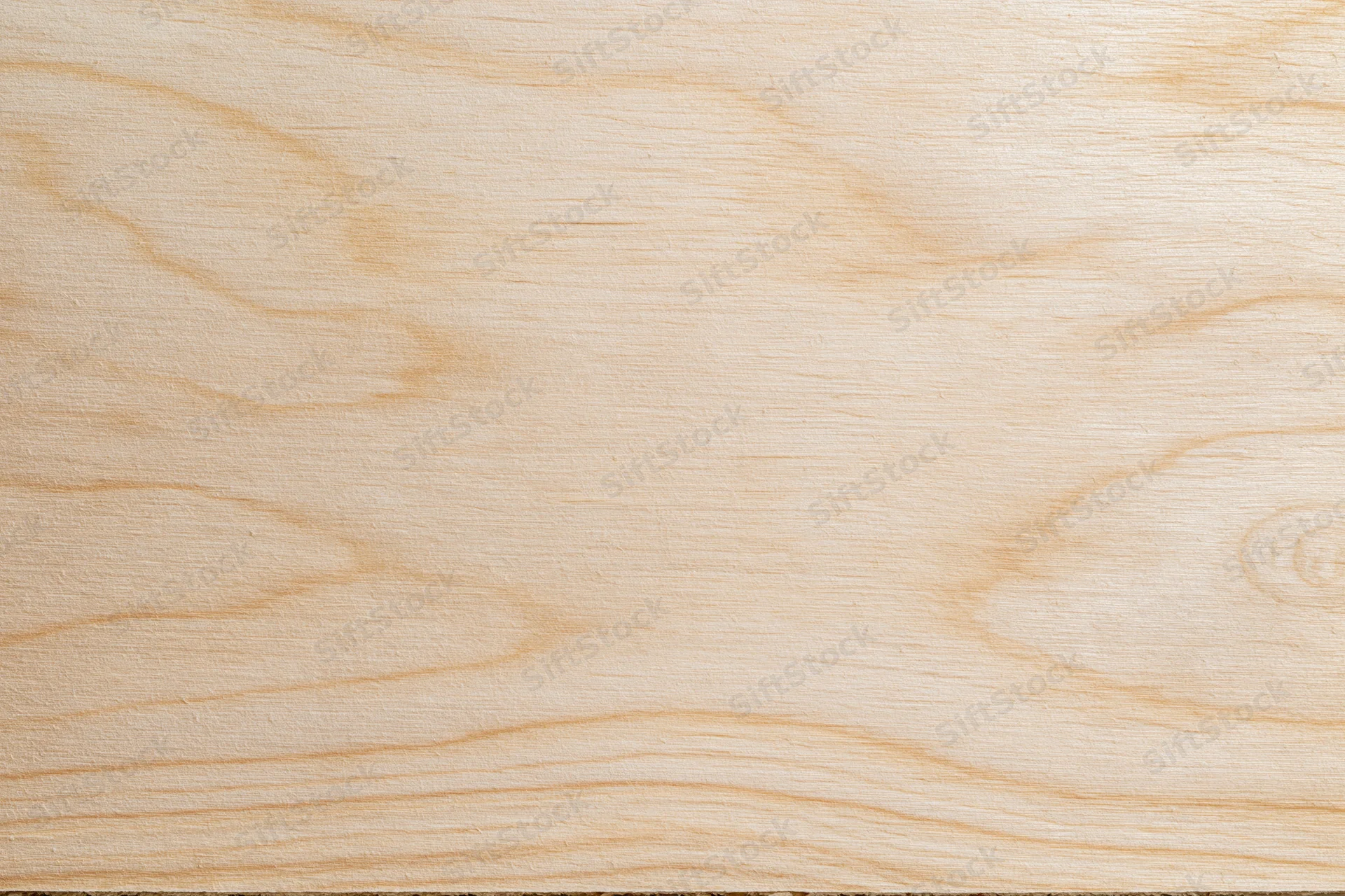 Close-up flat lay of a smooth light birch plywood surface with visible wood grain and natural texture