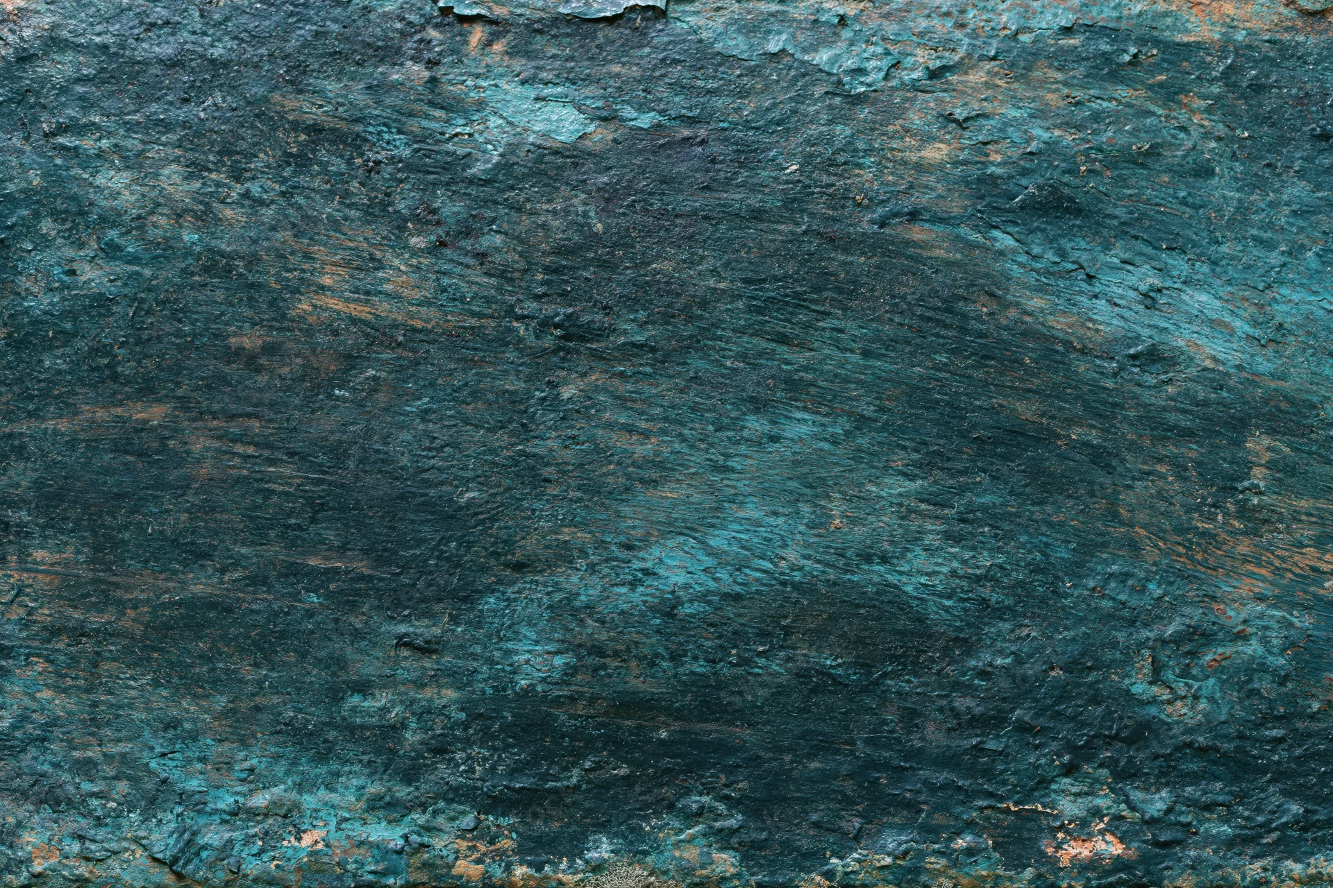 Weathered painted metal surface with peeling blue-green paint and rust patches, flat lay close-up