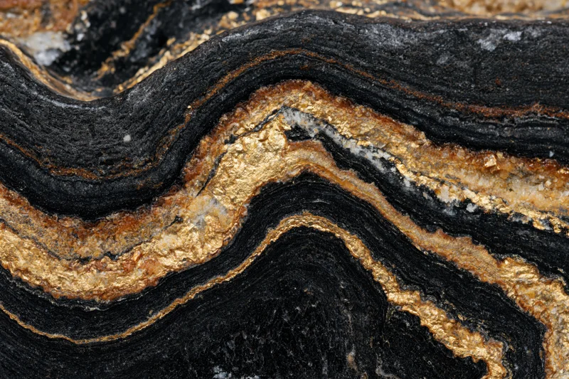 Polished black marble surface with gold veining in wavy layers
