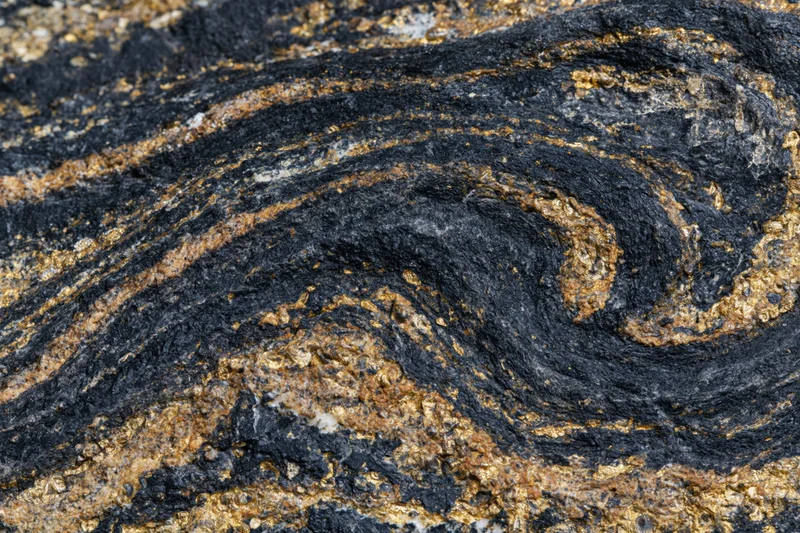 Polished black marble surface with swirling gold veining and natural stone texture
