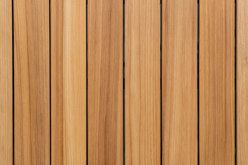 Vertical teak wood planks arranged in a flat lay close-up view