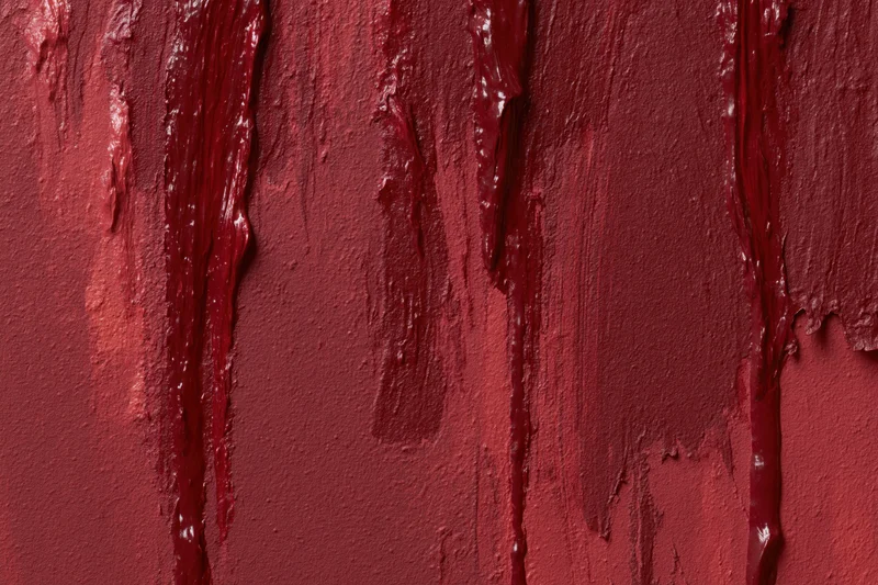 Close-up of a rough painted wall surface with vertical red paint drips and textured finish