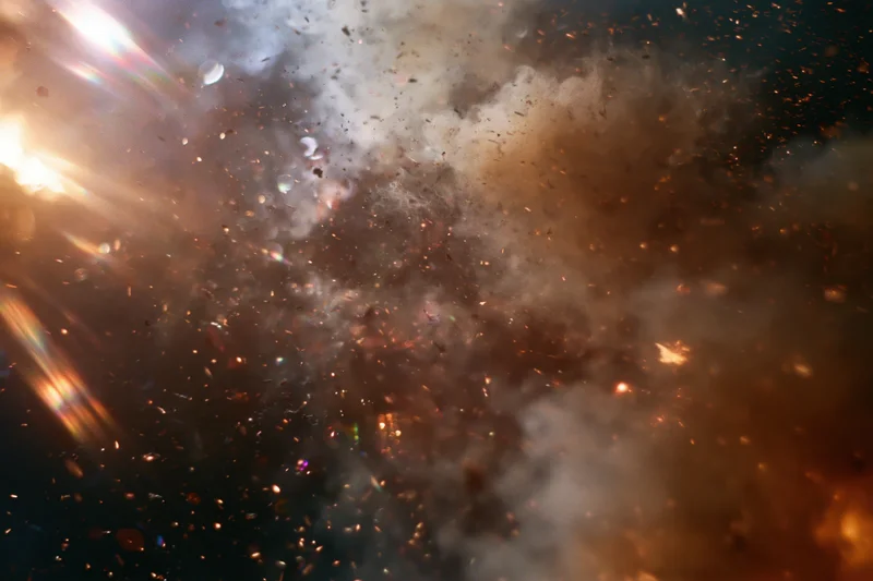 Airborne sparks and embers glowing in dark smoke with lens flare and bokeh light effects