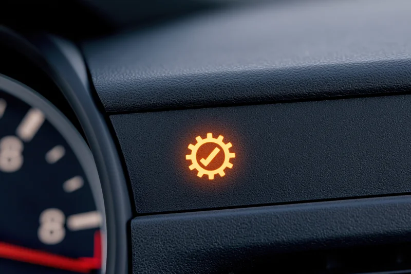 Illuminated gear symbol warning light on car dashboard instrument cluster