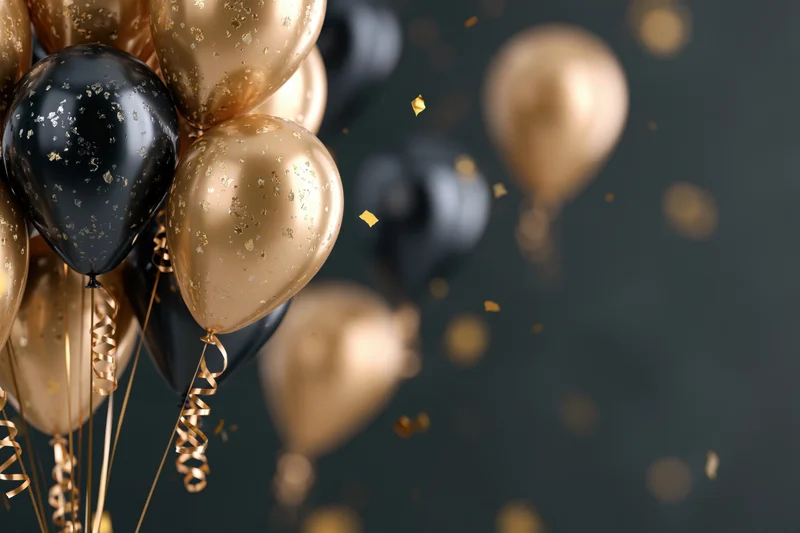 Cluster of gold and black metallic helium balloons with curling ribbons floating against a dark background with scattered confetti