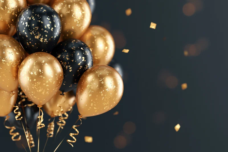 Cluster of gold and black metallic helium balloons with curlicue ribbons and falling confetti against dark background with bokeh lights and copyspace