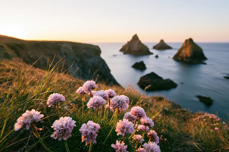 Pink sea thrift wildflowers blooming on a coastal clifftop at golden hour overlooking the ocean and rocky islets
