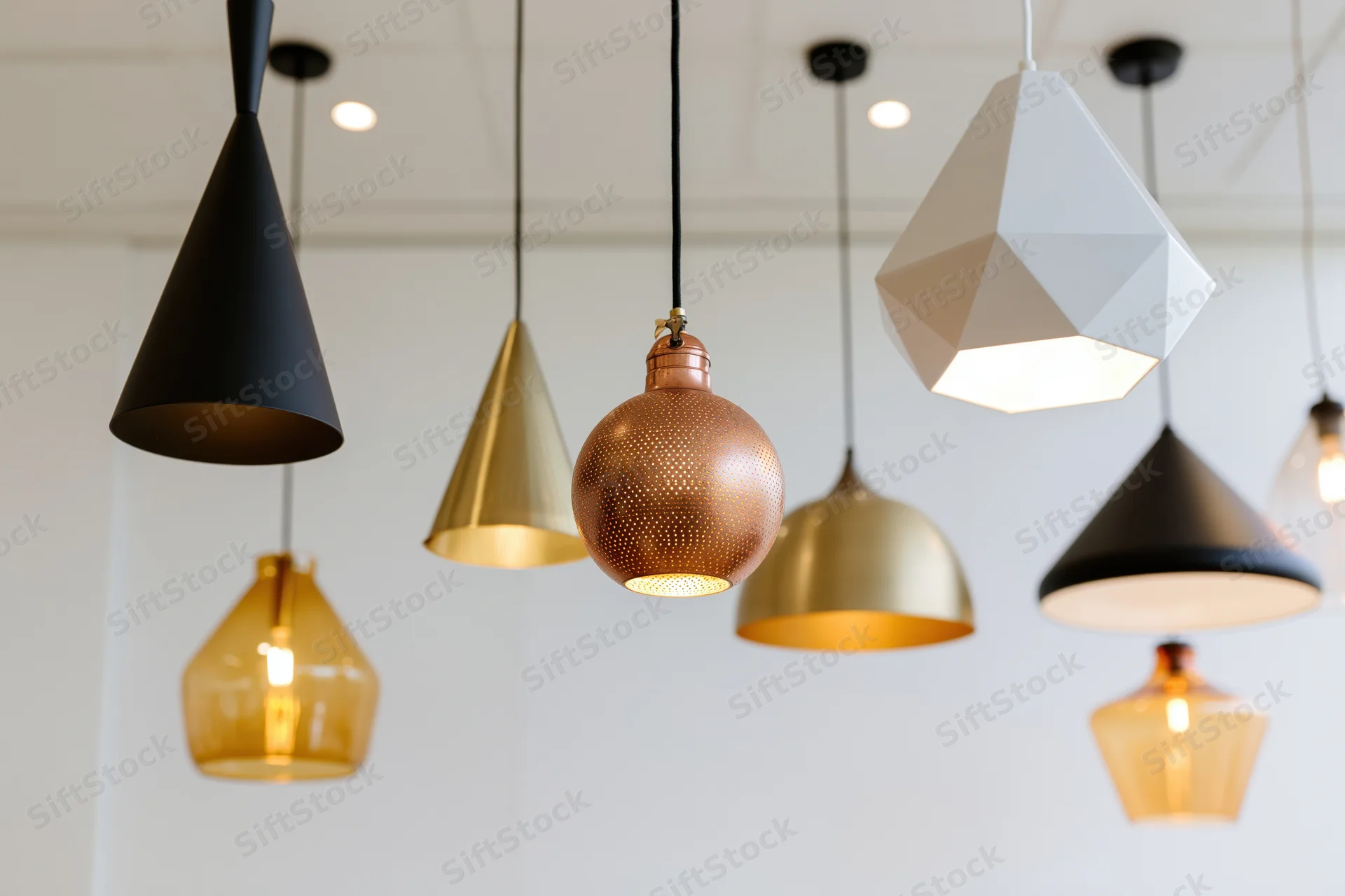 Modern pendant lamps hanging at varying heights in a bright interior space