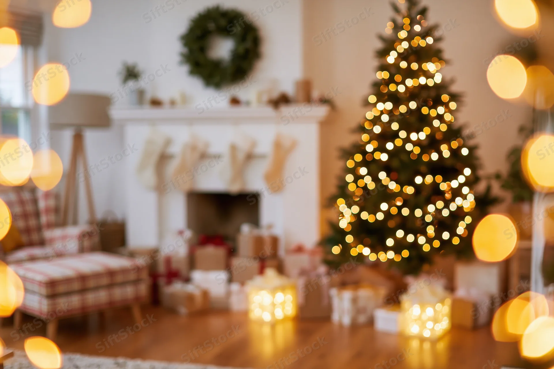Christmas tree with lights and gifts in a cozy living room with fireplace and stockings, out of focus