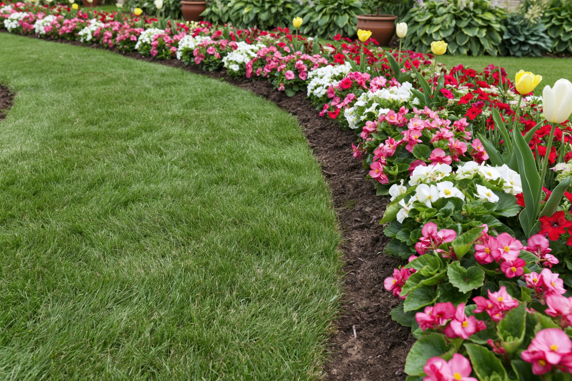 Curved garden path of freshly mowed green lawn bordered by colorful flowerbeds with tulips and begonias