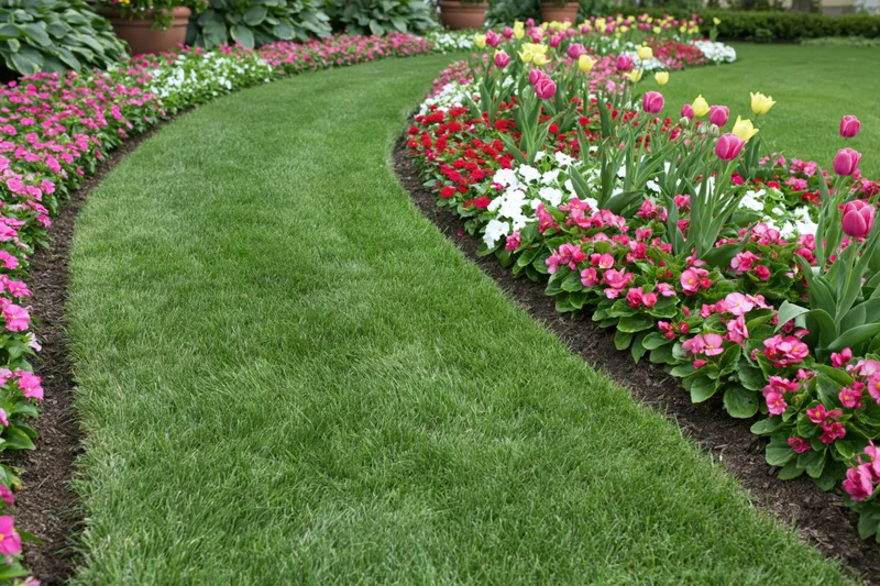 Curved green lawn path winding between colorful flowerbeds with tulips and blooming flowers in a landscaped garden