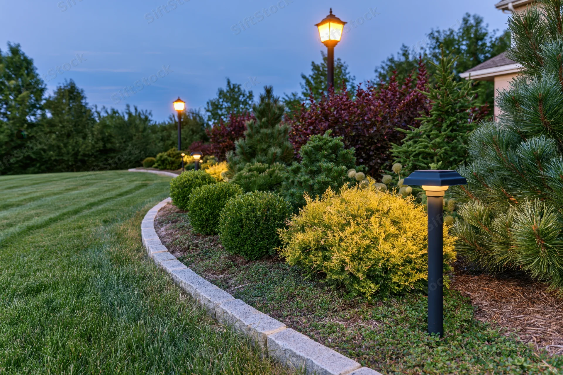 Curved stone-edged garden bed with mixed dwarf conifers and solar pathway lights at dusk