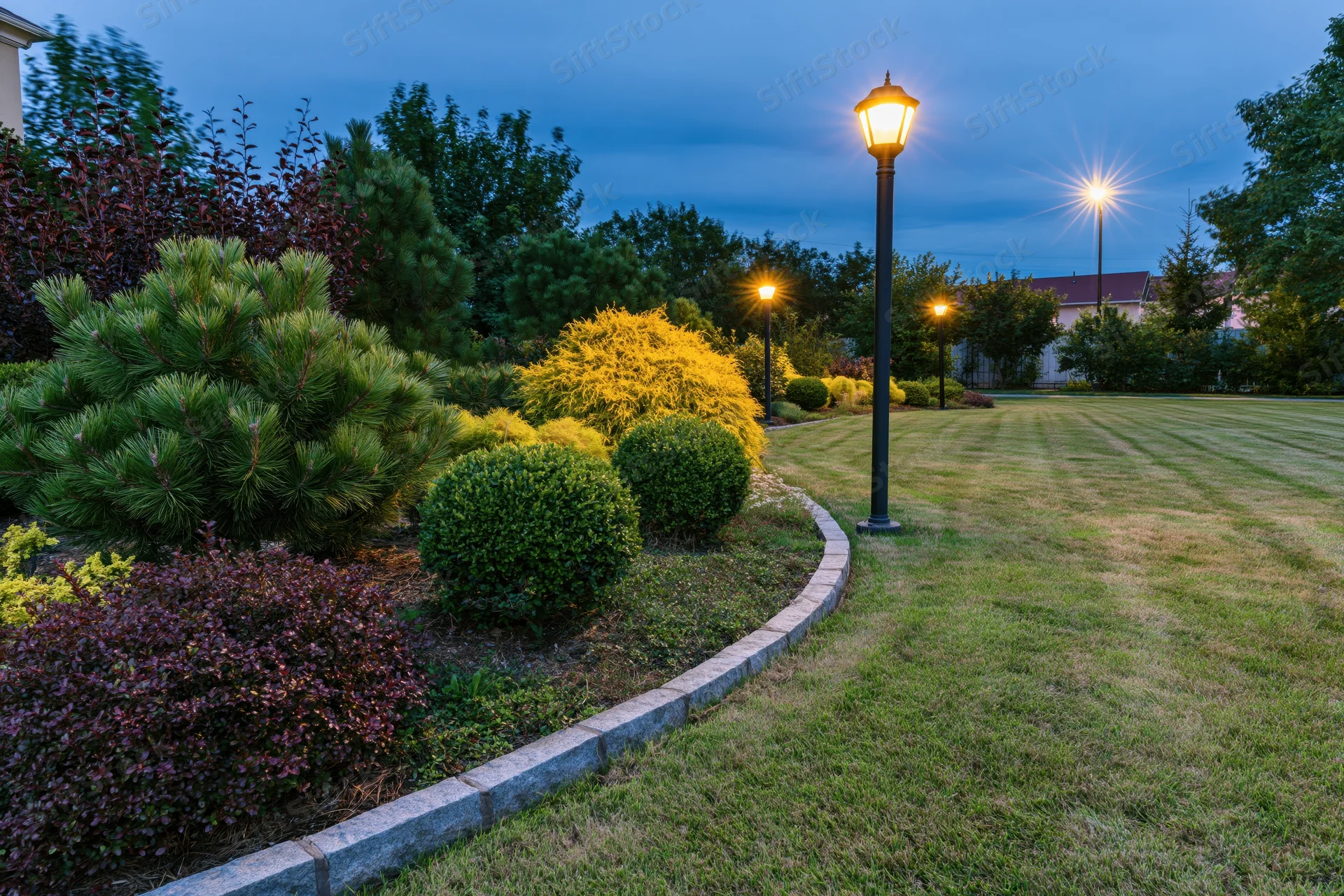 Curved stone-edged garden bed with mixed dwarf conifers and shrubs along a lawn at twilight
