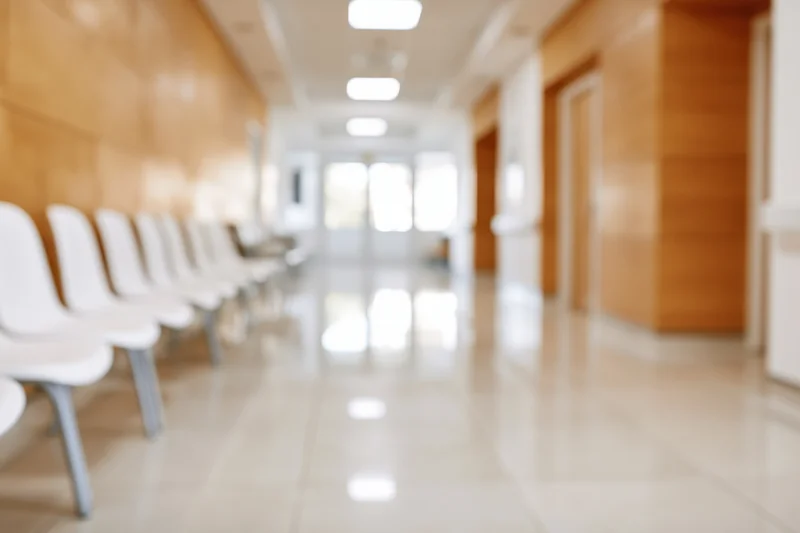 Defocused hospital corridor with row of white chairs along wooden walls and glossy tiled floor