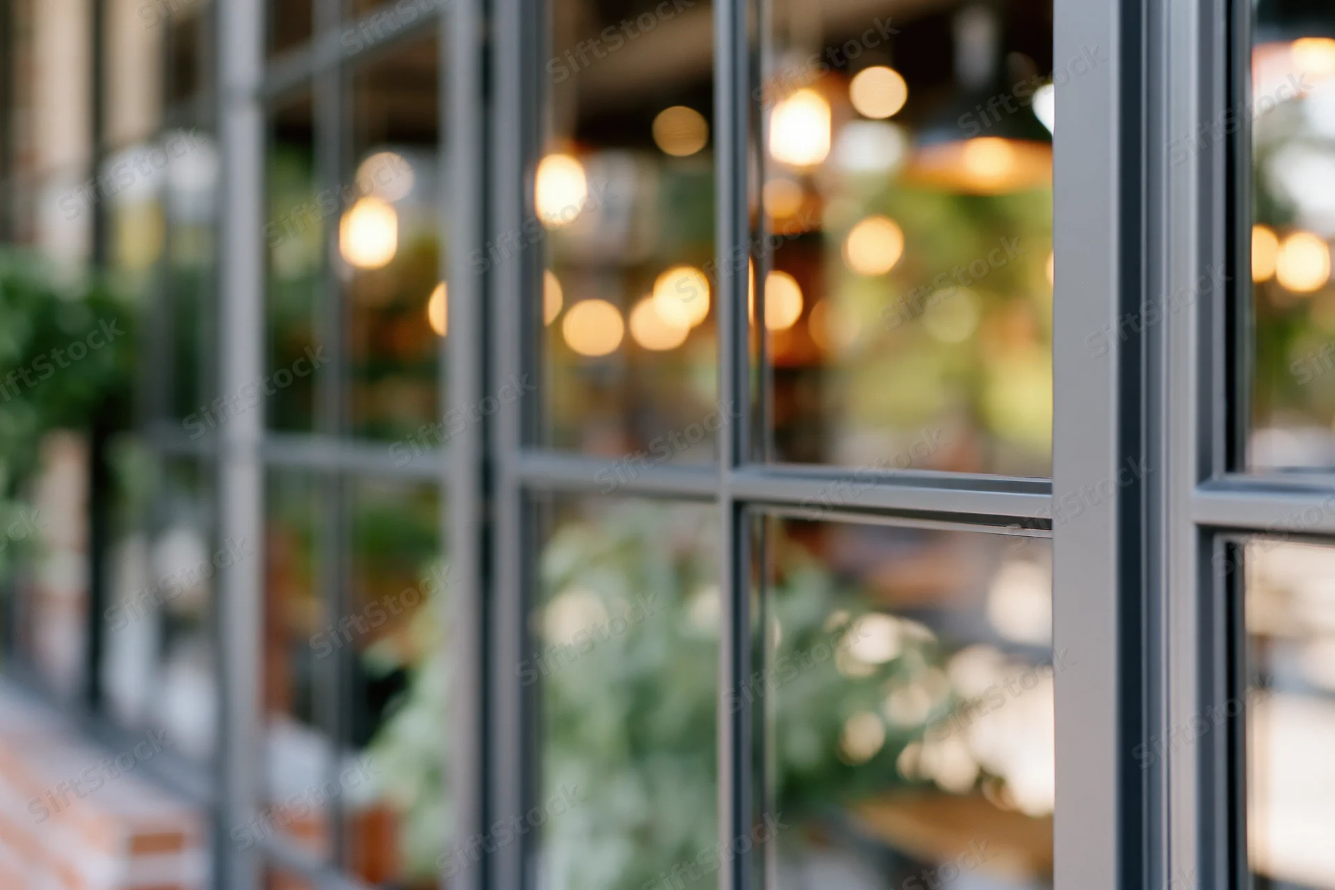 Defocused view through glass storefront doors of a cafe interior with warm bokeh lights and green plants visible inside
