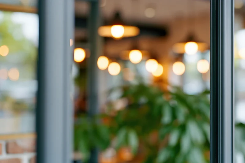 Defocused view through glass storefront doors of a cafe interior with warm hanging lights and green plants visible inside