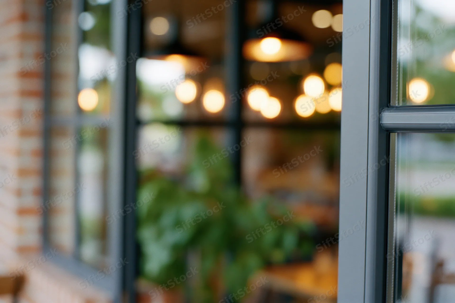 Defocused view through glass storefront doors of a cafe interior with warm hanging lights and green plants visible inside