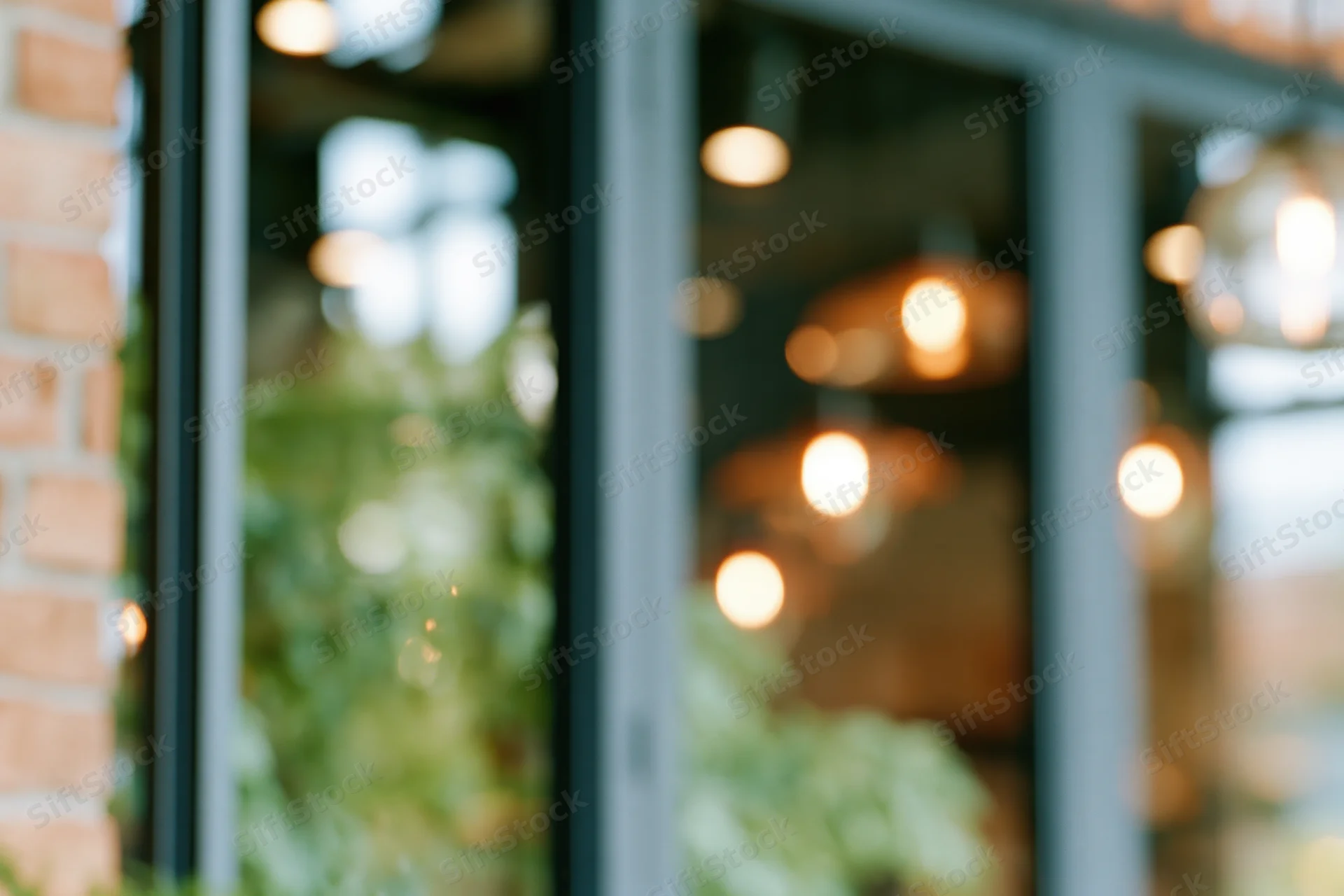 Defocused view through glass storefront doors of a cafe interior with warm hanging lights and greenery visible through the glass
