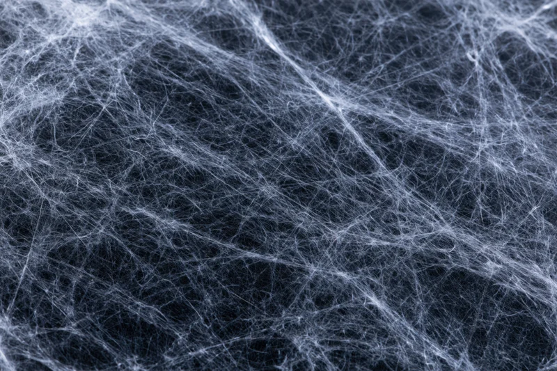 Dense layered spider webs spread across a flat dark surface