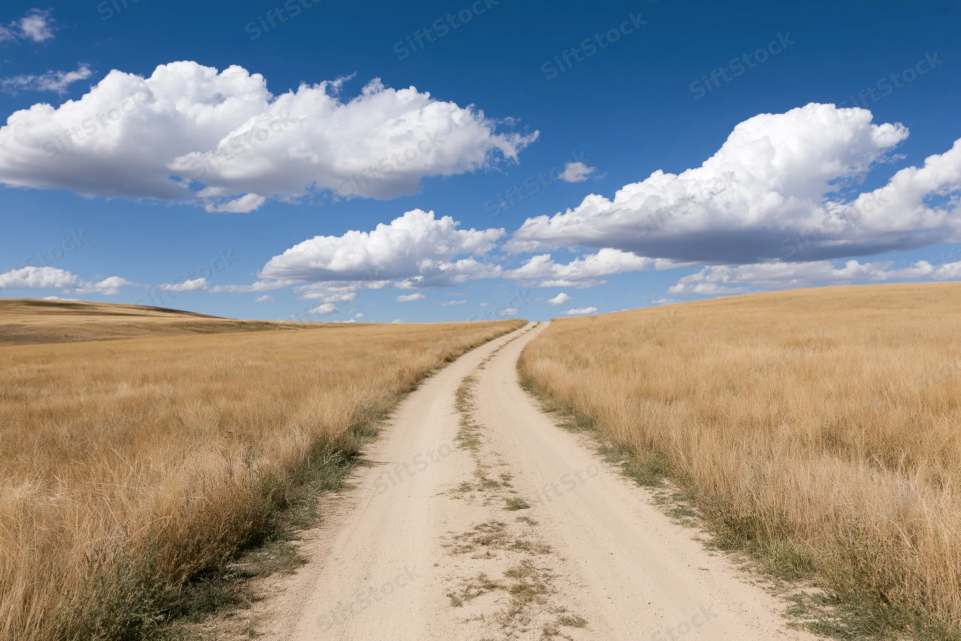 Winding dirt road through dry golden grassland hills under blue sky with white clouds