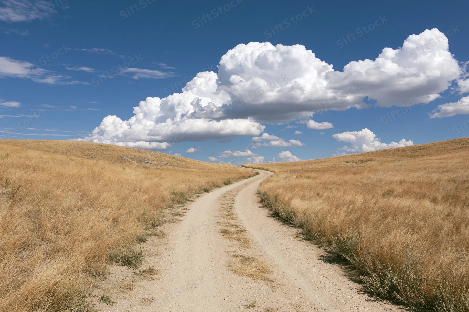 Winding dirt road through dry golden grassland hills under blue sky with white clouds
