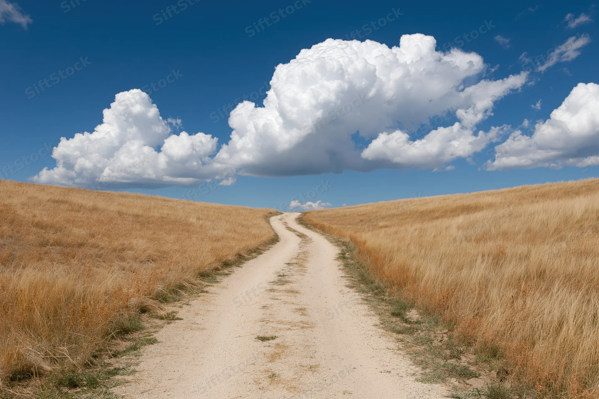 Winding dirt road through dry golden grassland hills under blue sky with white clouds