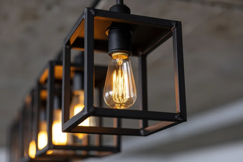 Edison filament bulbs suspended in open black metal cubes hanging from ceiling in interior space