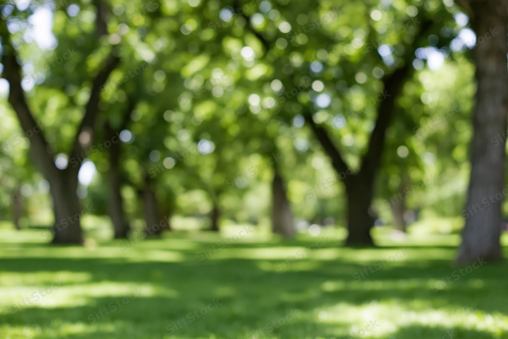 Green lawn under leafy trees in a city park on a sunny afternoon