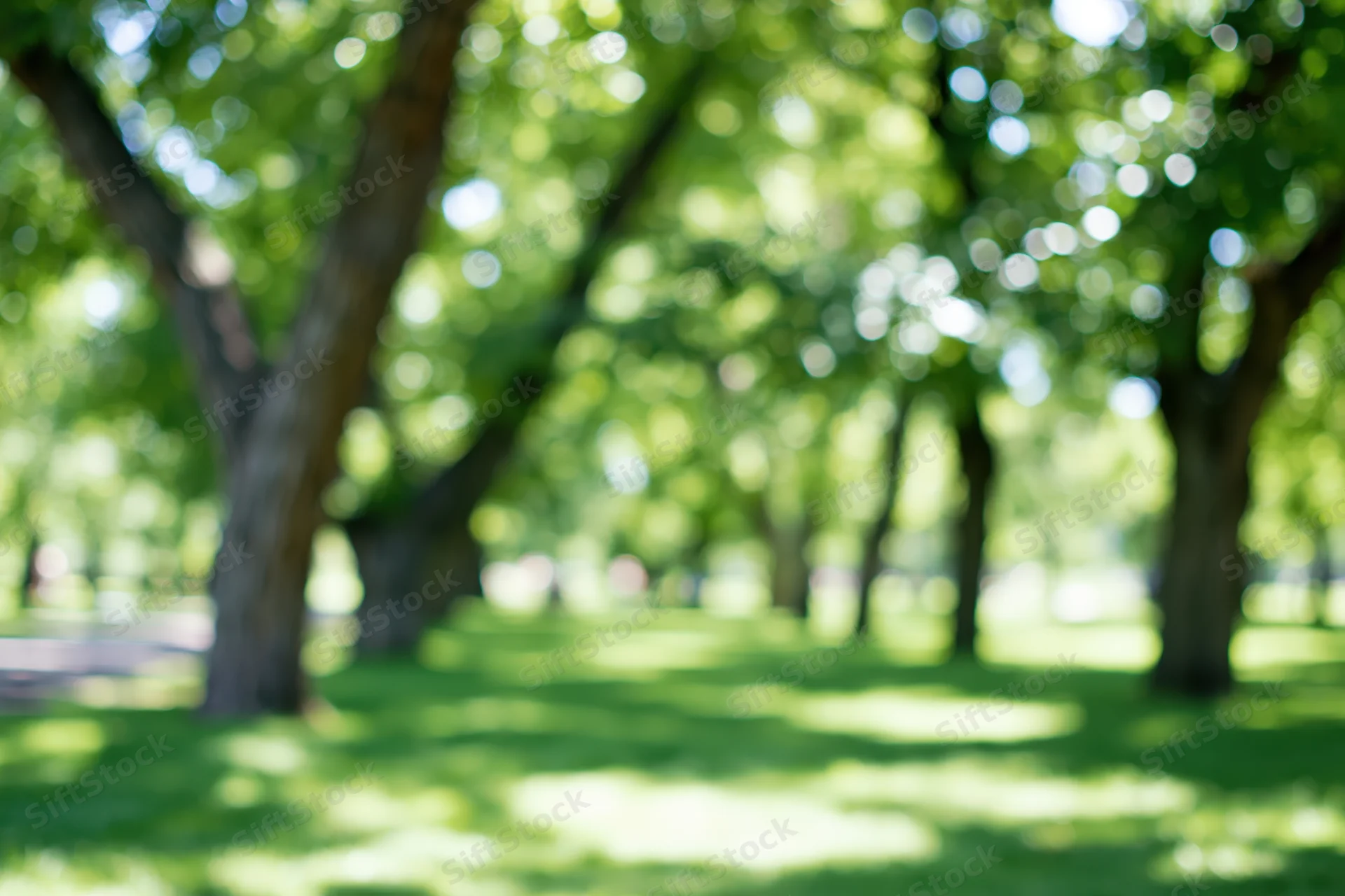 Green lawn under leafy trees in a city park on a sunny afternoon