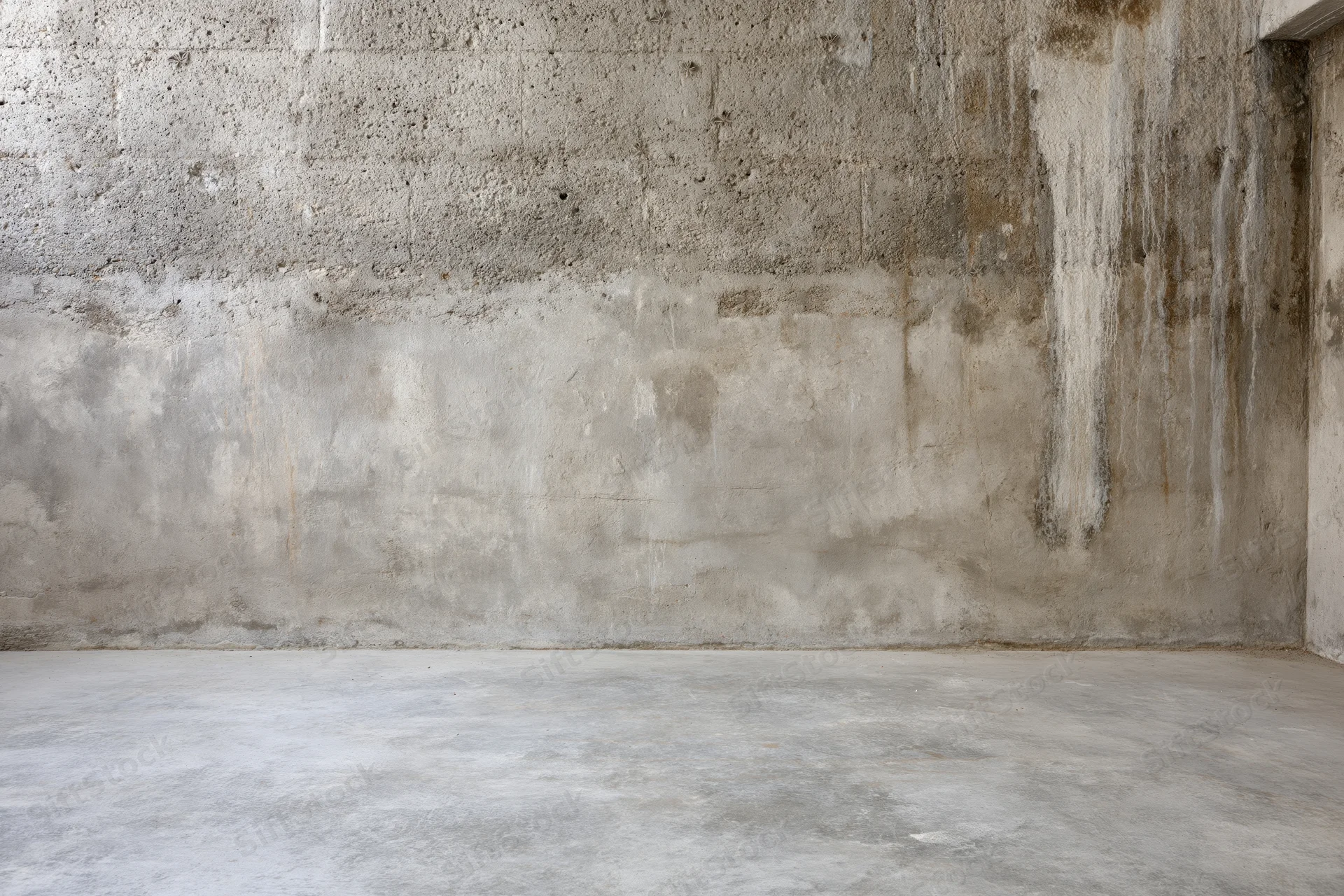 Empty concrete room with weathered cement walls and floor interior