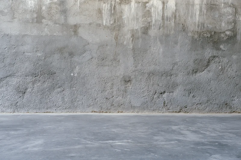 Empty concrete room interior with weathered cement wall and floor meeting at base