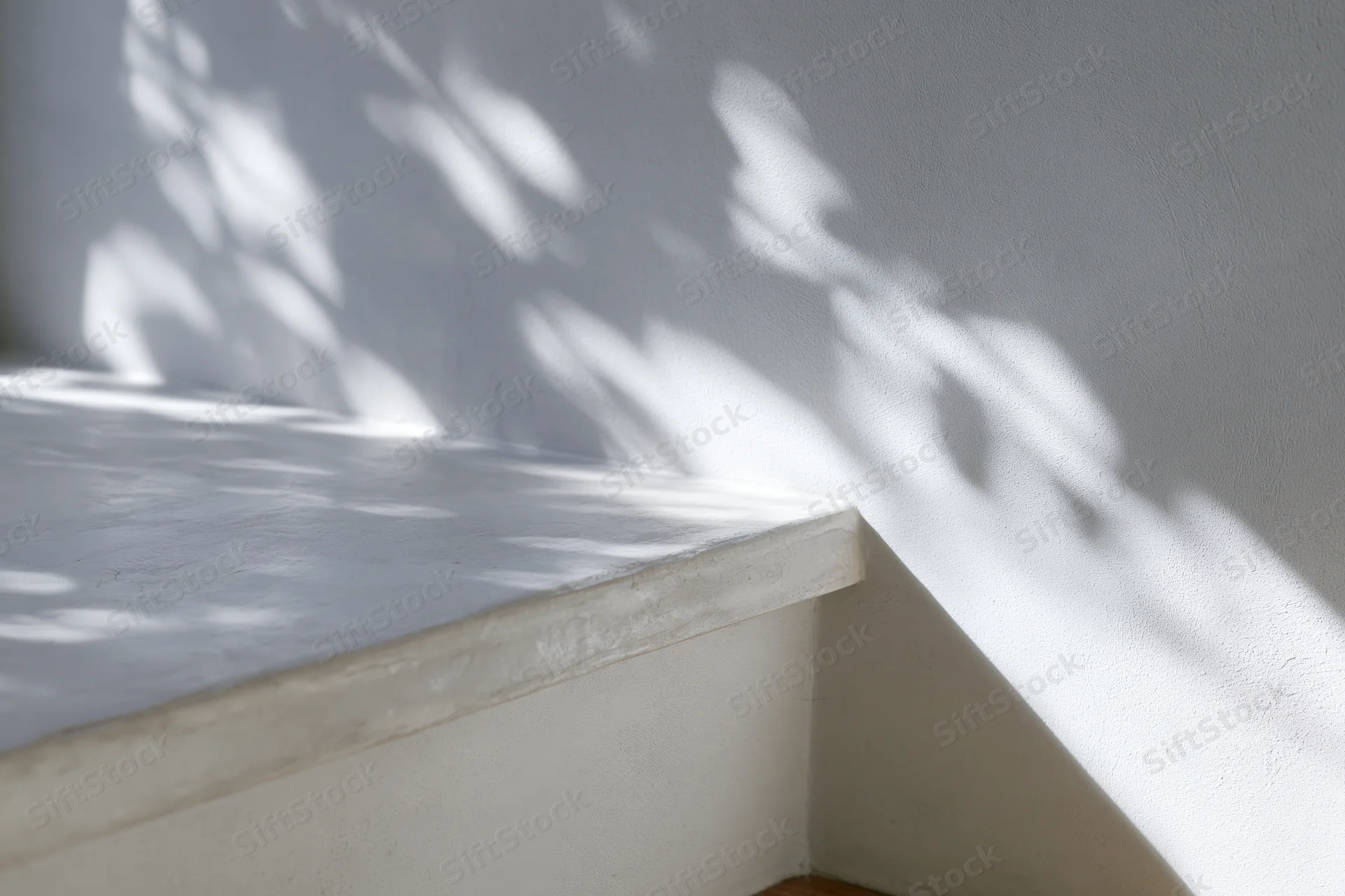 Dappled sunlight on a concrete surface beside a plain gray wall in an outdoor architectural setting