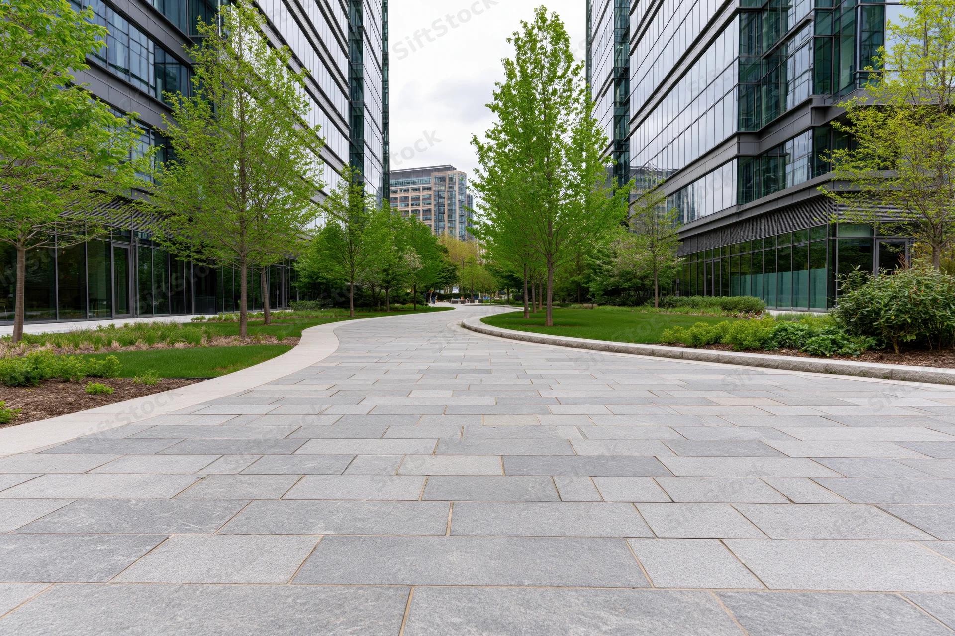 Curved stone-paved walkway winding between modern glass office buildings in an urban landscaped plaza
