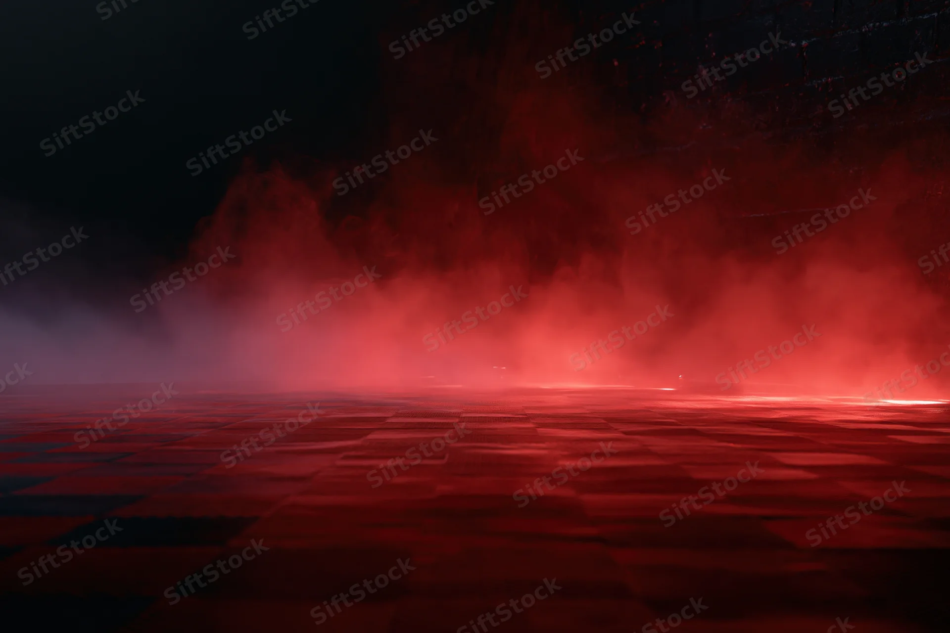 Red smoke rolling across tiled floor in dark room interior
