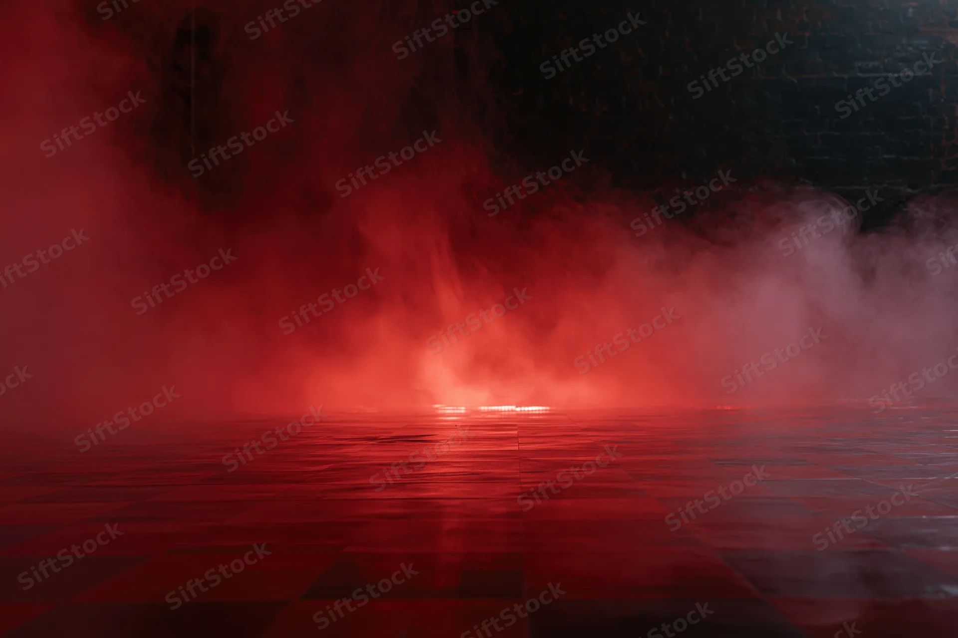 Red smoke rolling across dark tiled floor in empty room interior
