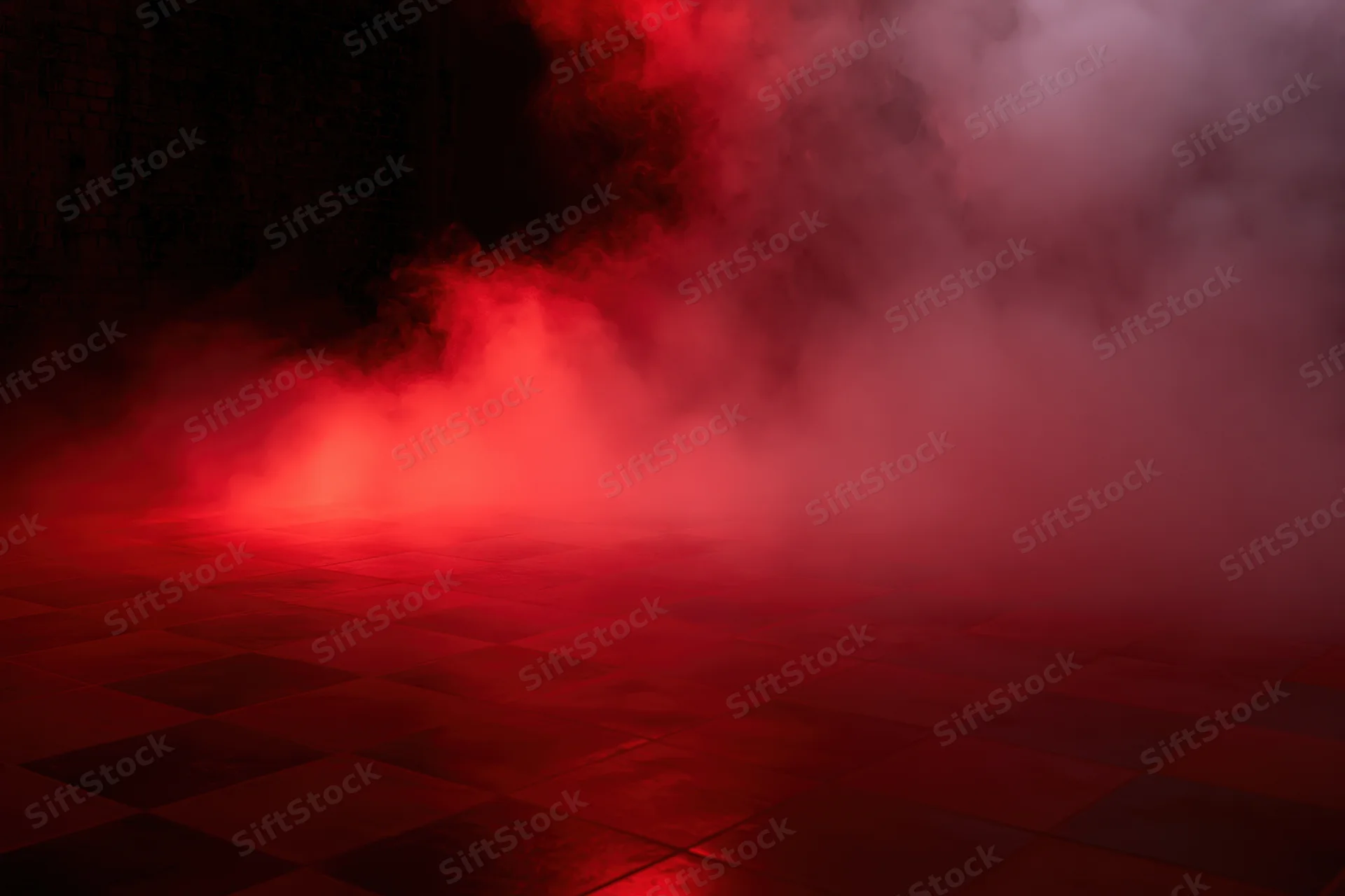 Red smoke rolling across dark tiled floor in empty room interior
