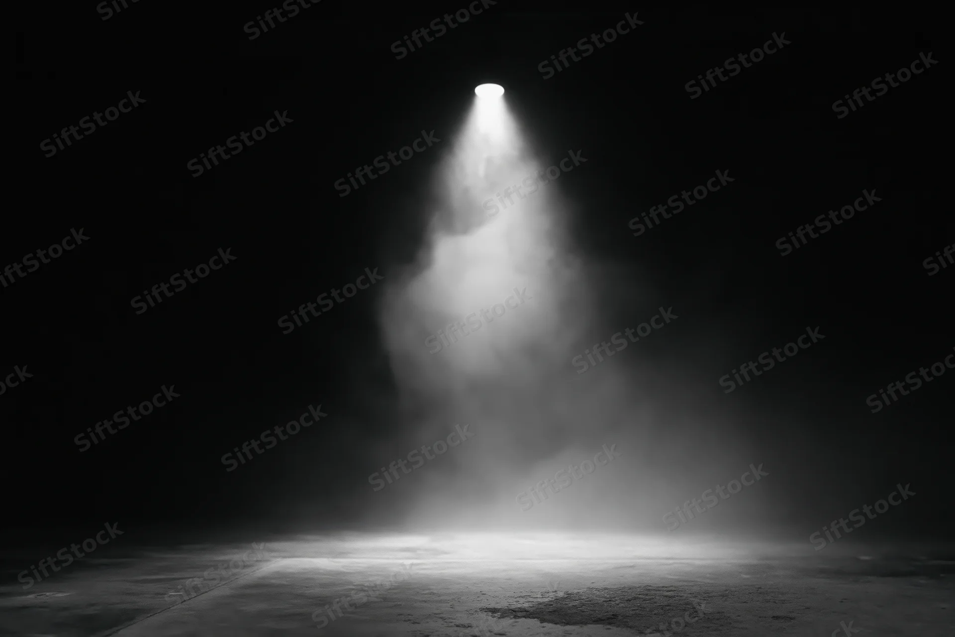 Single spotlight beam illuminating empty dark stage floor with smoke