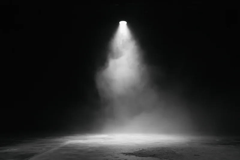 Single spotlight beam illuminating empty dark stage floor with smoke