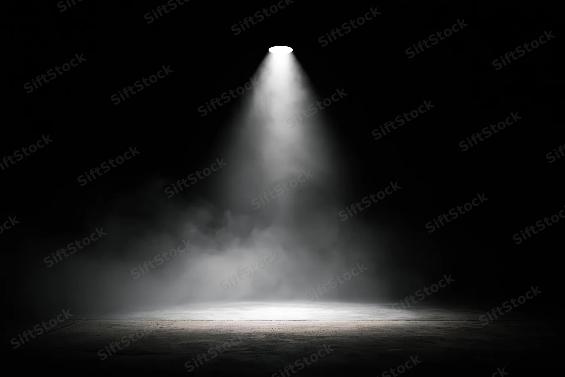 Single spotlight illuminating empty dark stage with smoke and concrete floor