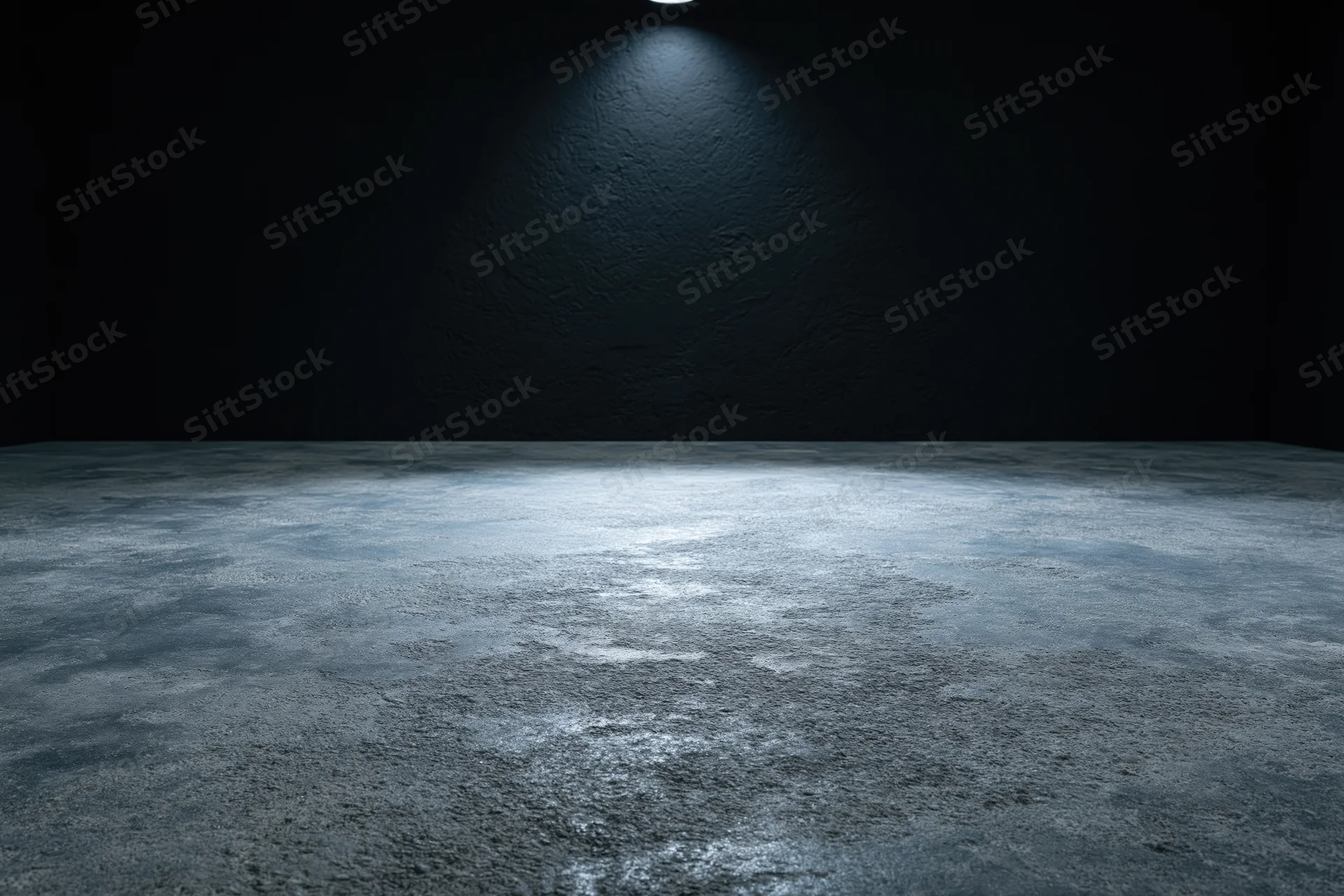 Empty dark studio interior with rough concrete floor and spotlight lighting
