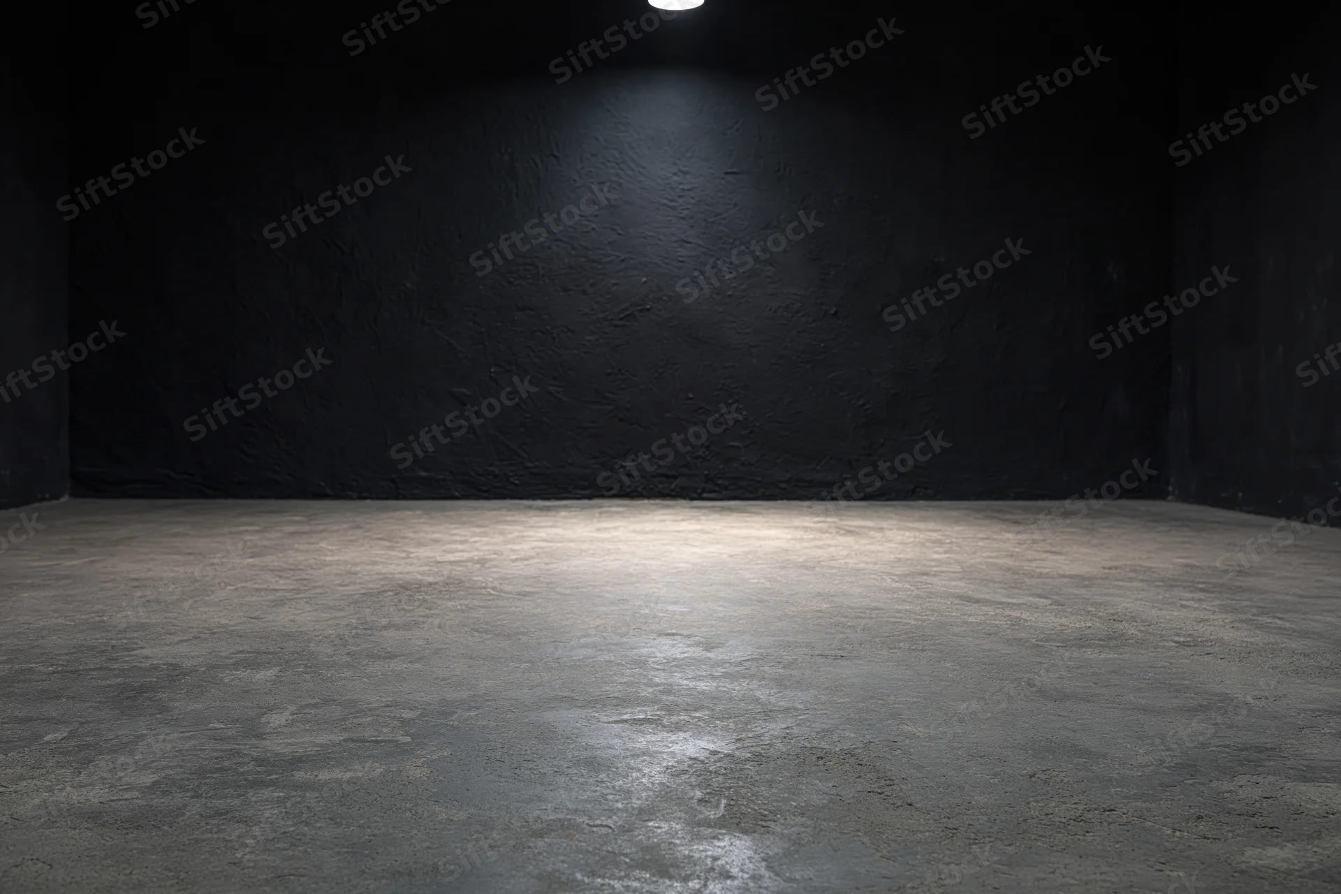 Empty dark studio interior with rough concrete floor and spotlight on black textured wall