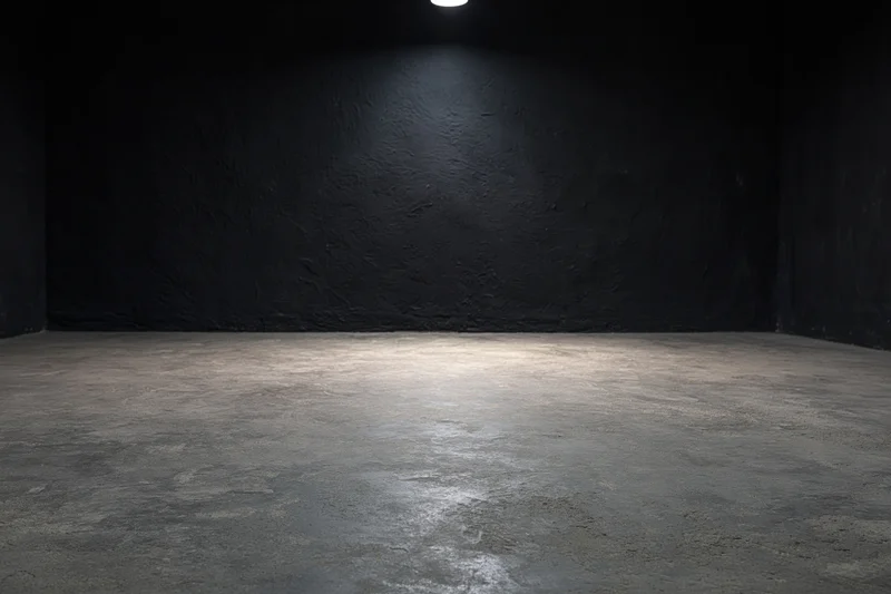 Empty dark studio interior with rough concrete floor and spotlight on black textured wall