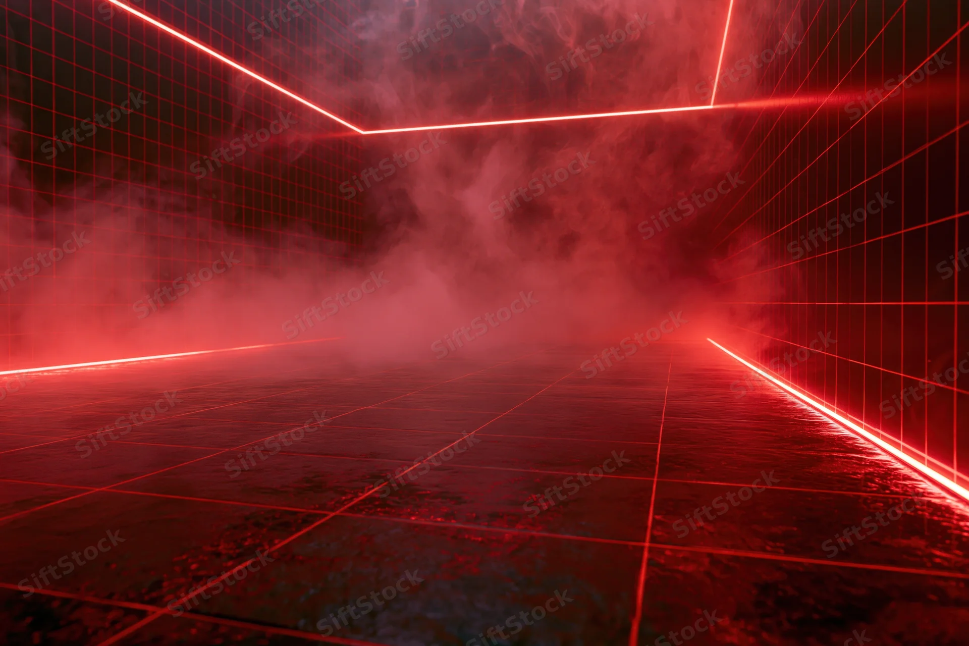 Red neon laser lines forming grid in dark studio room with smoke and reflective tiled floor